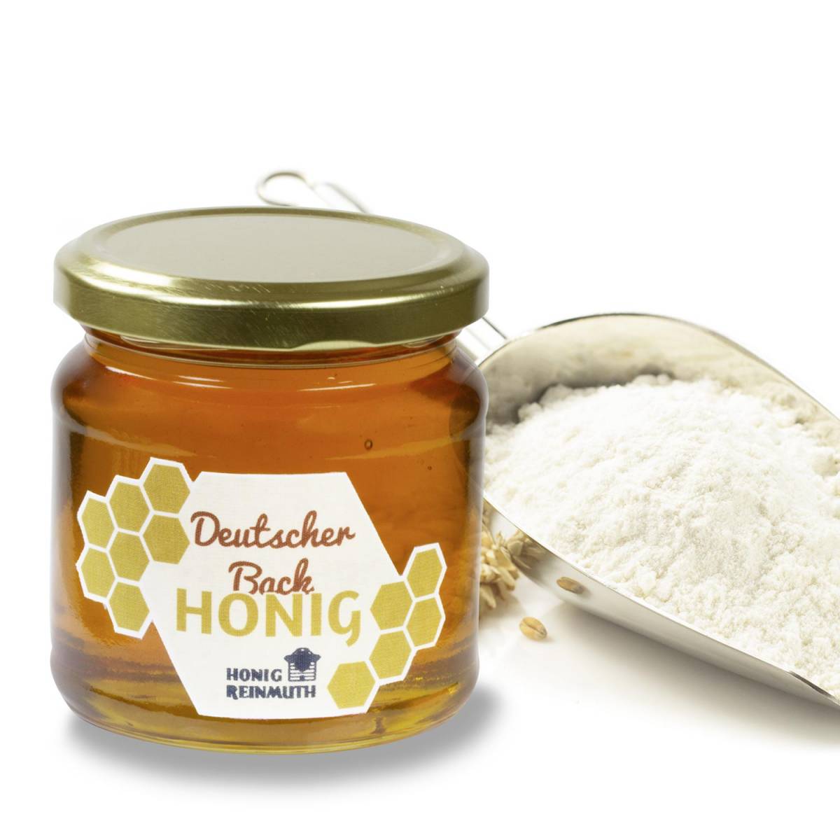 Deutscher Backhonig im Glas mit Mehl, Butter und Eiern