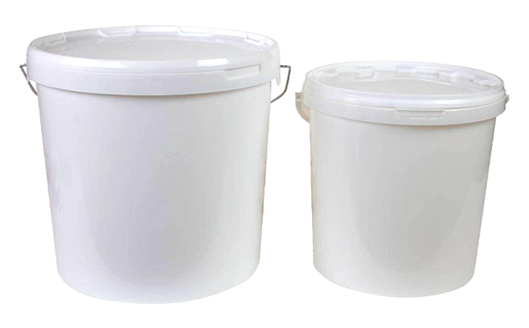 Zwei weiße Kunststoffeimer für 25 bzw. 12,5 kg